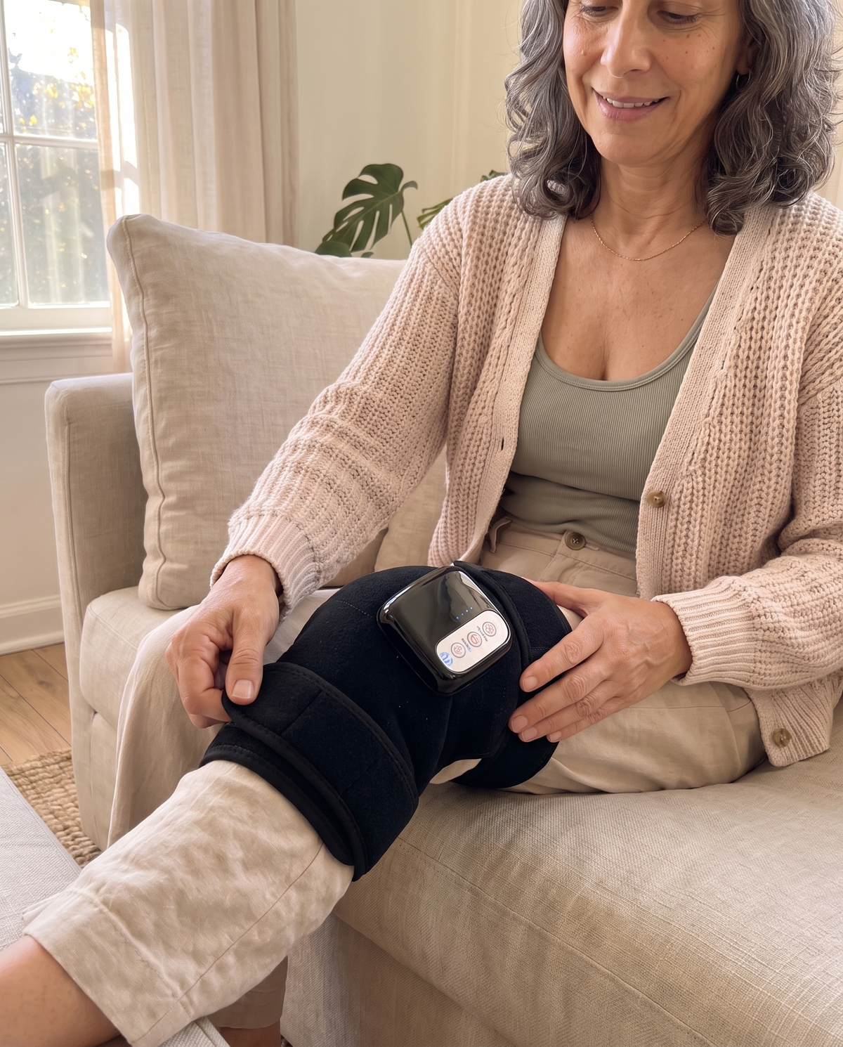 Woman fastening the Heated Knee Massager Wrap around her knee on the sofa