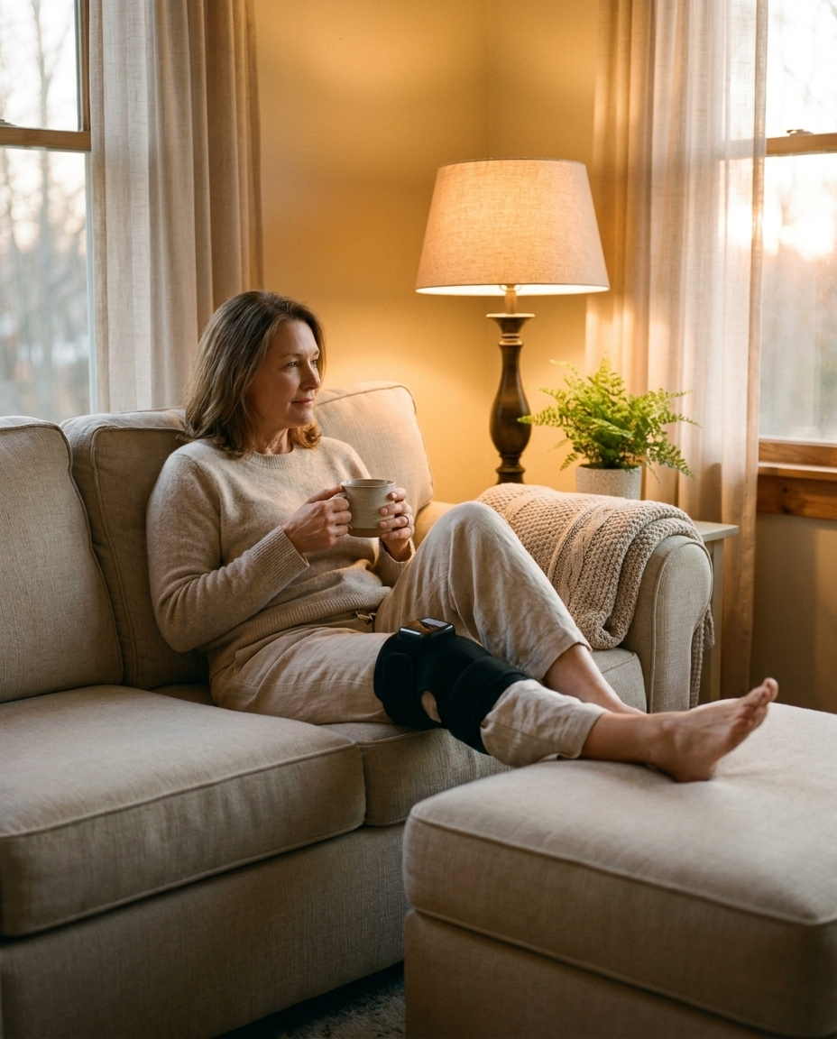 Woman relaxing on a sofa with the Heated Knee Massager Wrap on her knee