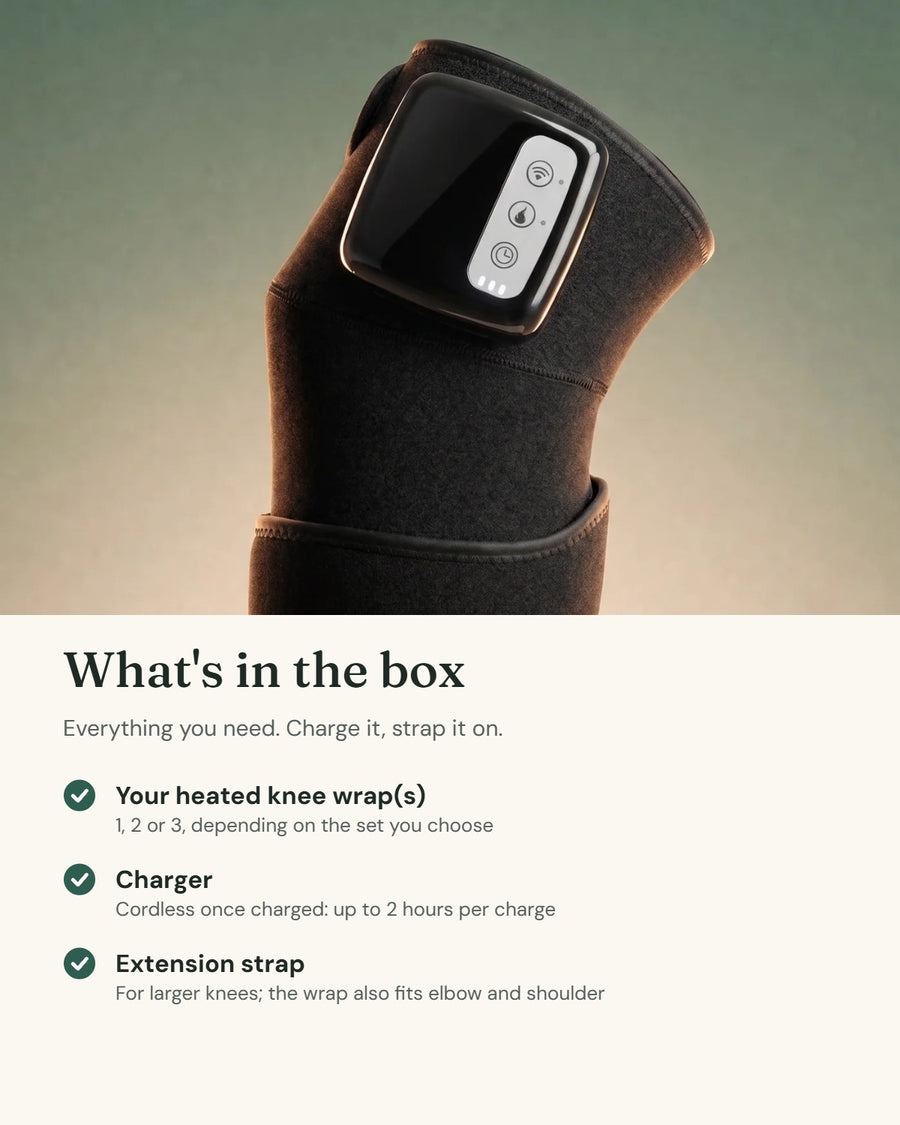 What's in the box: heated knee wrap(s), charger and extension strap