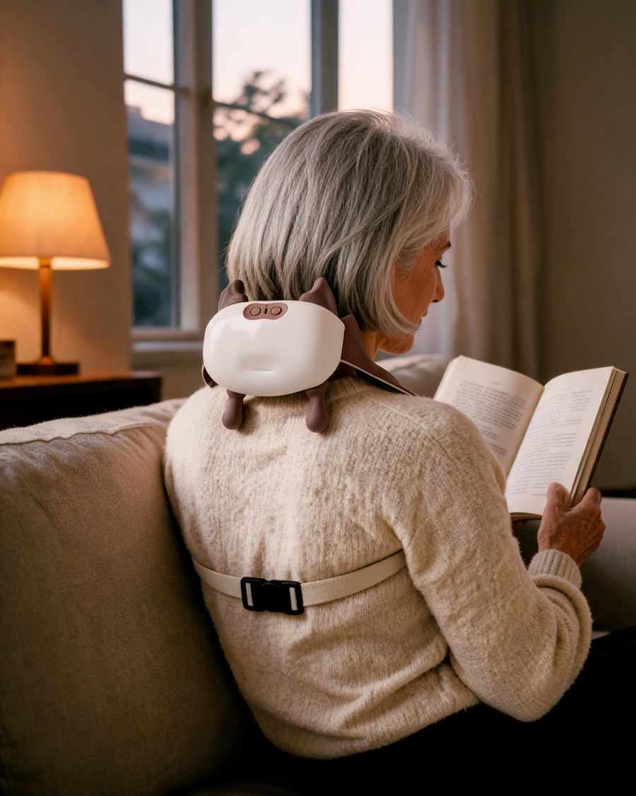 Hands-free use: the straps go under the arms and buckle behind the back while she reads