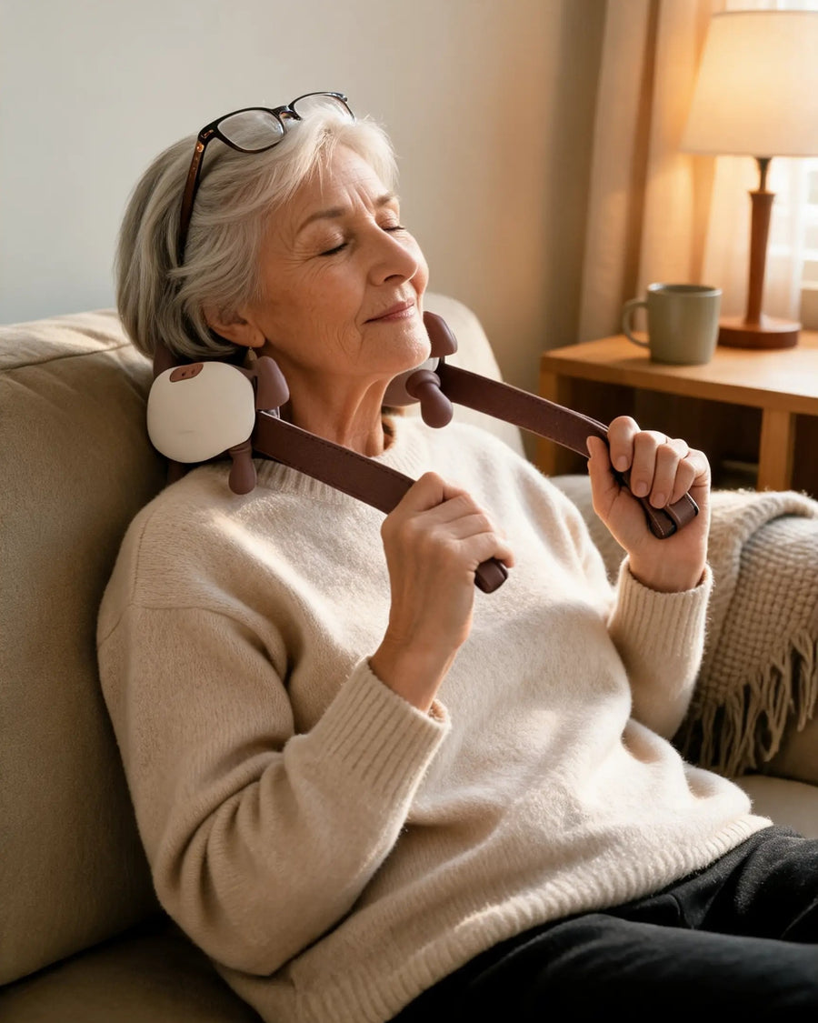 Woman on the sofa holding the two straps to choose the massage pressure