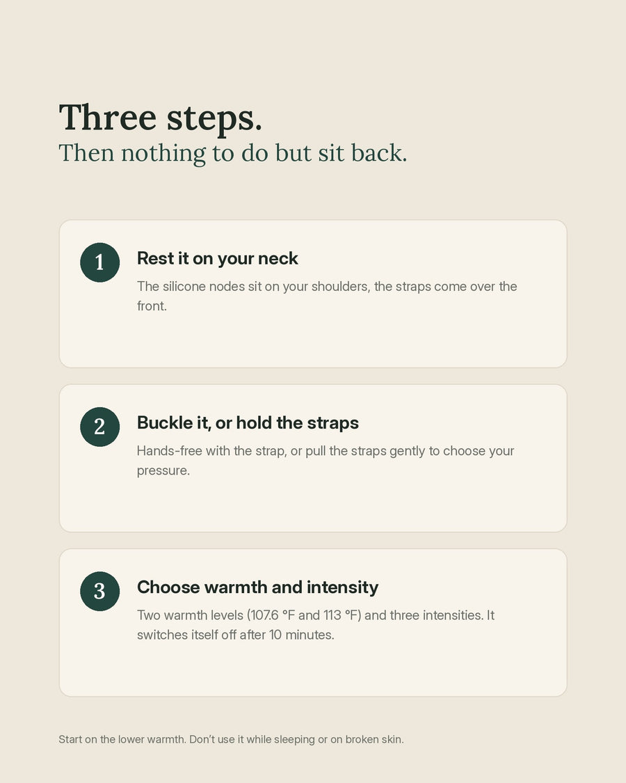 How to use in three steps: rest it on your neck, buckle it or hold the straps, choose warmth and intensity