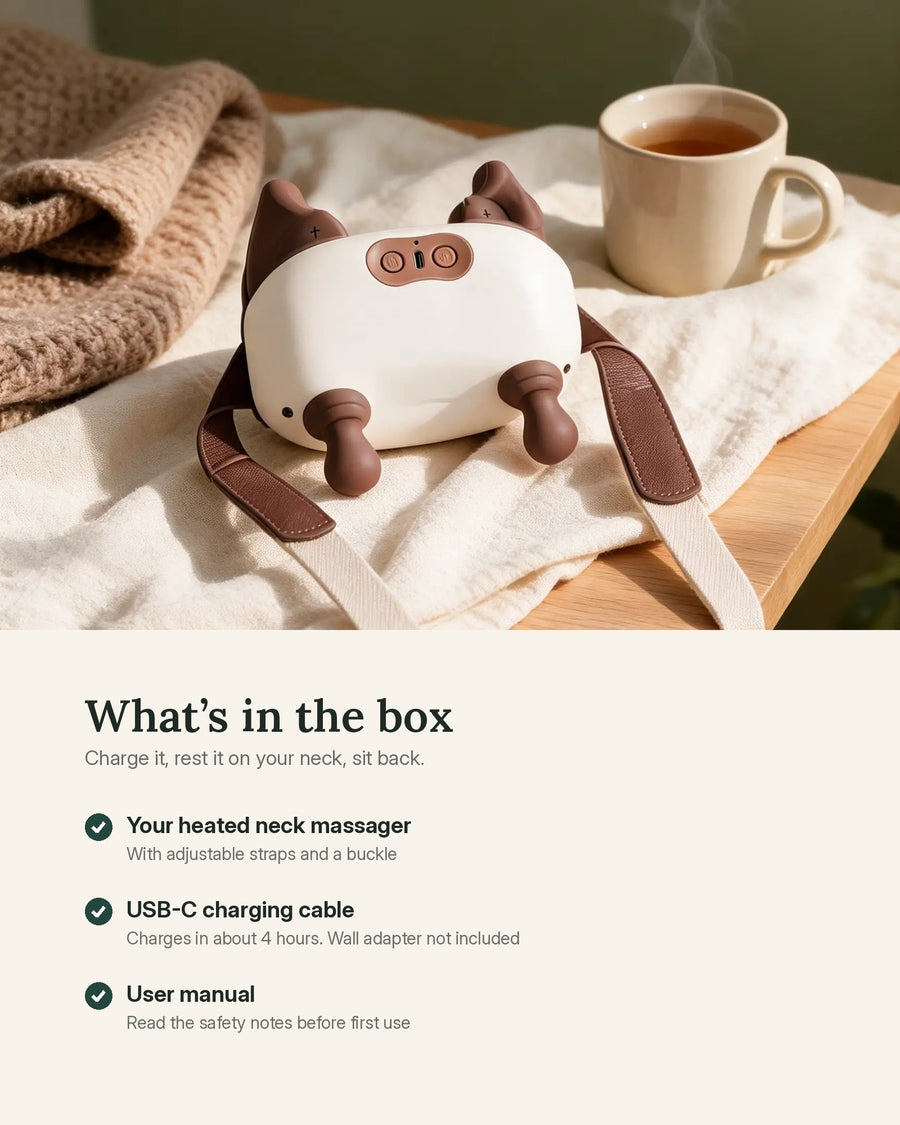 What's in the box: heated neck massager with straps, USB-C charging cable and user manual