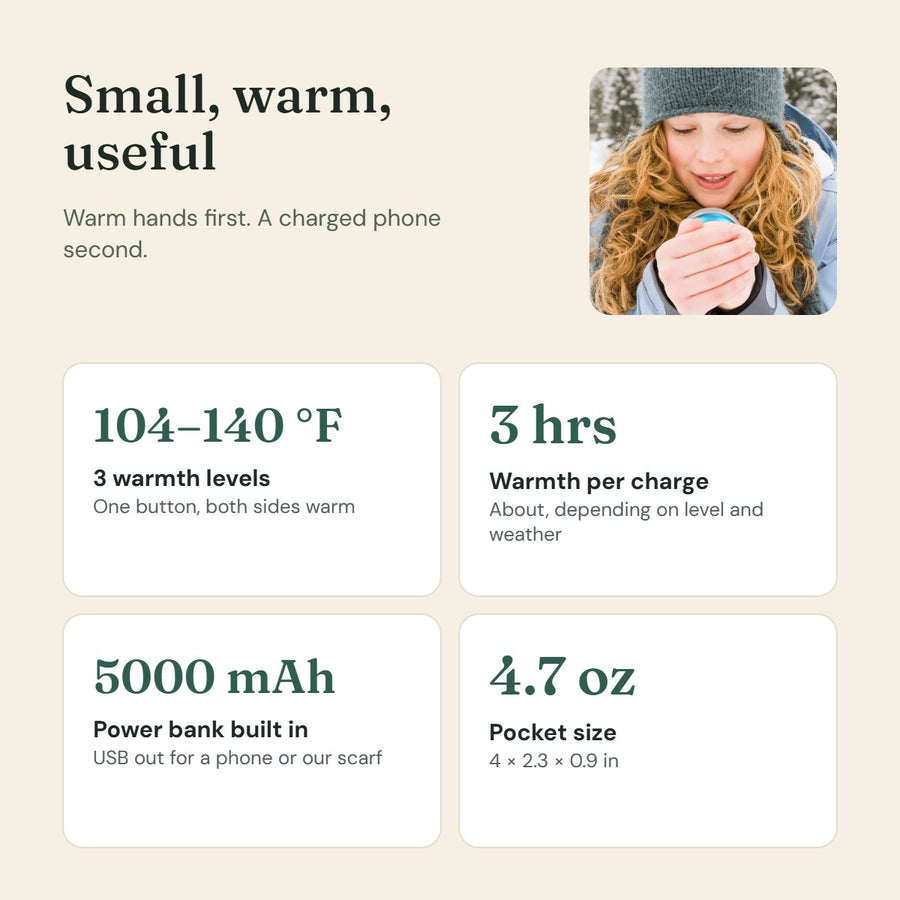 Small, warm, useful – Warm hands first. A charged phone second.