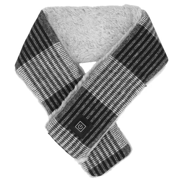 USB Heated Scarf in gray plaid with the warmth button on the heated section