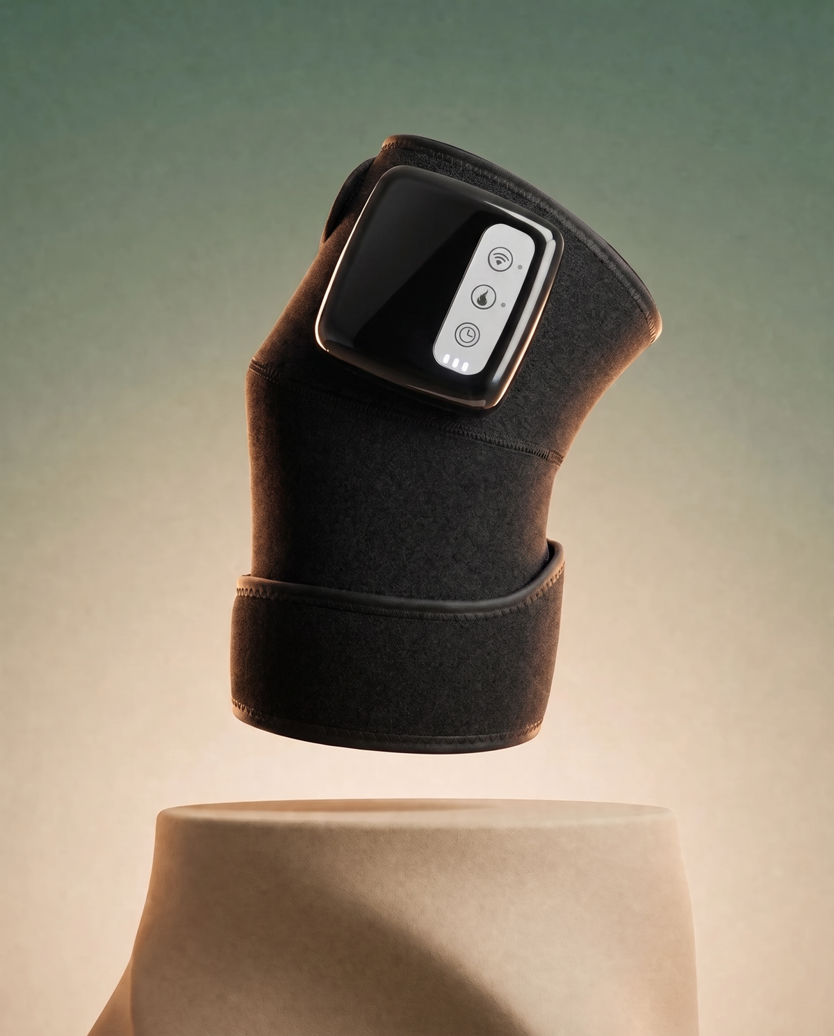 Heated Knee Massager Wrap, black neoprene with the control unit: vibration, heat and timer buttons
