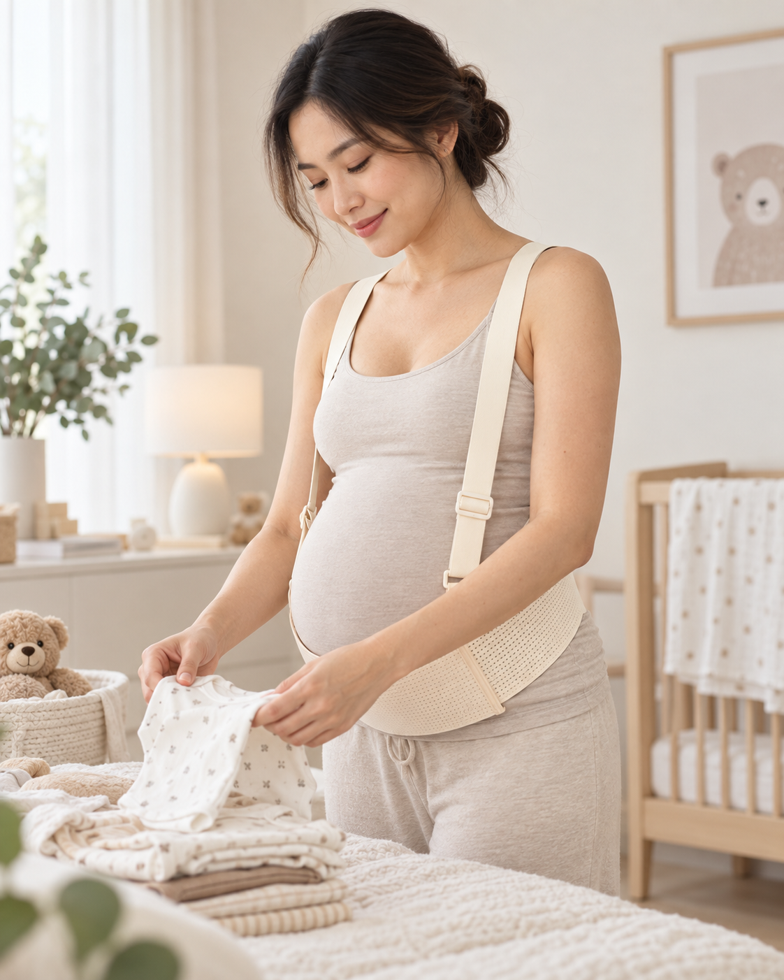 Pregnant mom organizing baby clothes while wearing the support belt